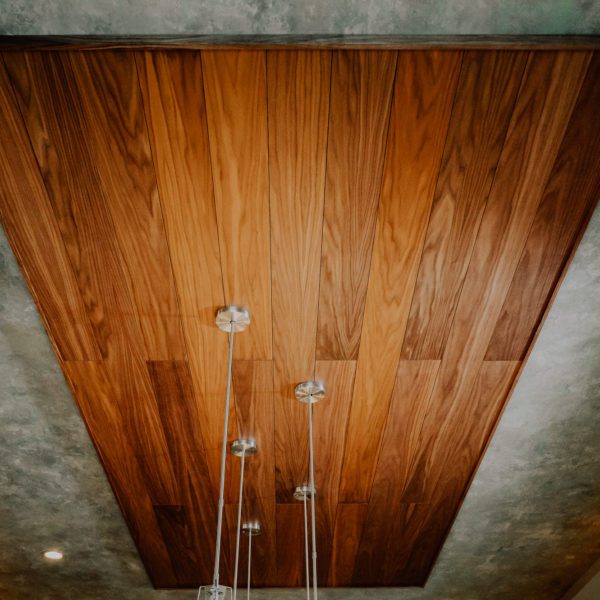 STILL_Avery_Kitchen_Ceiling copy Walnut acoustic wood planks featured on a kitchen ceiling.