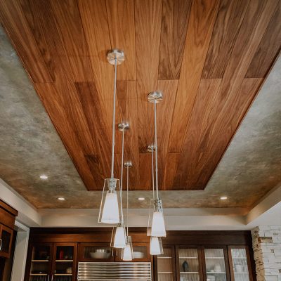 image4 Walnut acoustic wood planks featured on a kitchen ceiling.